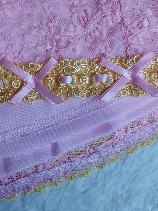 Betsey Johnson NWT Coquette Dollette Pink Gold Floral Lace Bow Slip Mini Dress L - Picture 5 of 9